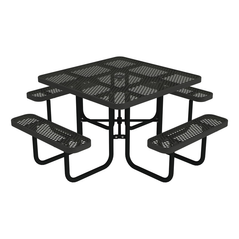 Open Air Series Square Picnic Table with Benches, Umbrella Hole, and Surface Mount, Rouge / vert