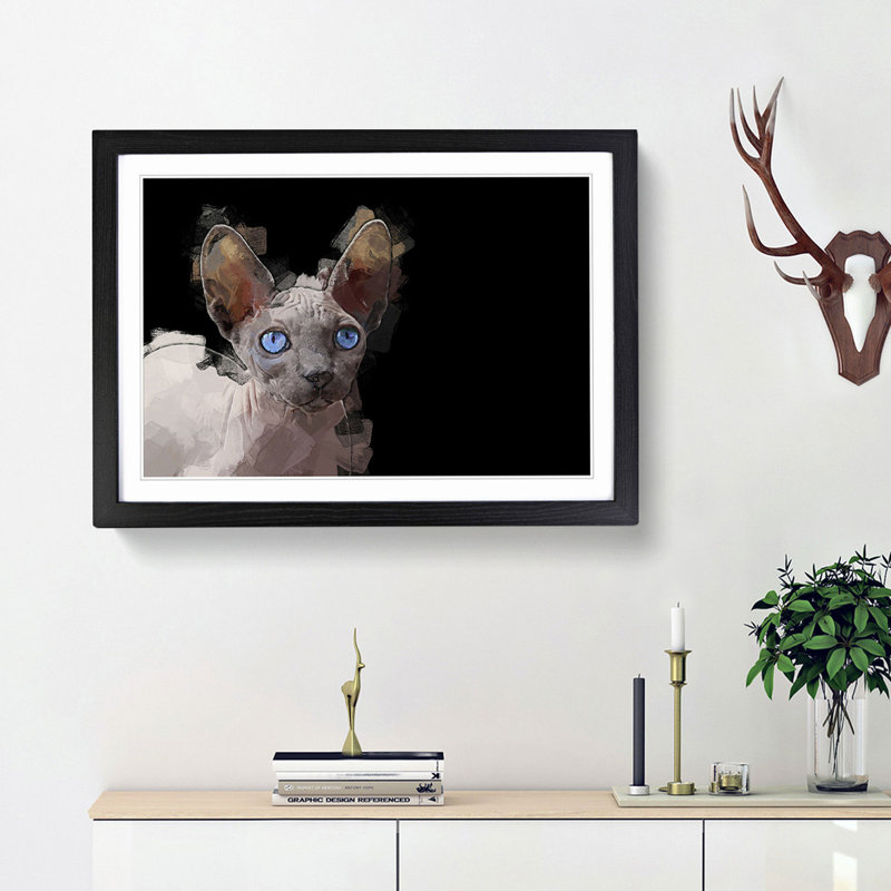 Blue Eyed Sphynx Cat in Abstract - Picture Frame Graphic Art Print, 62cm H x 87cm W x 2cm D, Black Framed