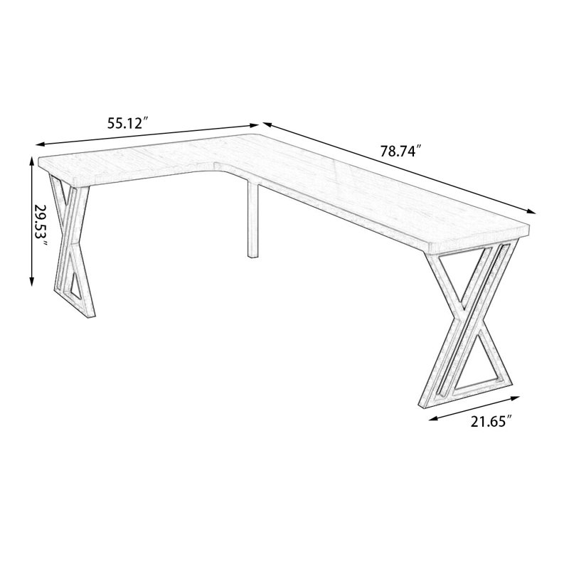 Light-walnut+Black L-Shaped Solid Wood+Iron desk, 29.53" H x 78.74" W x 55.12" D
