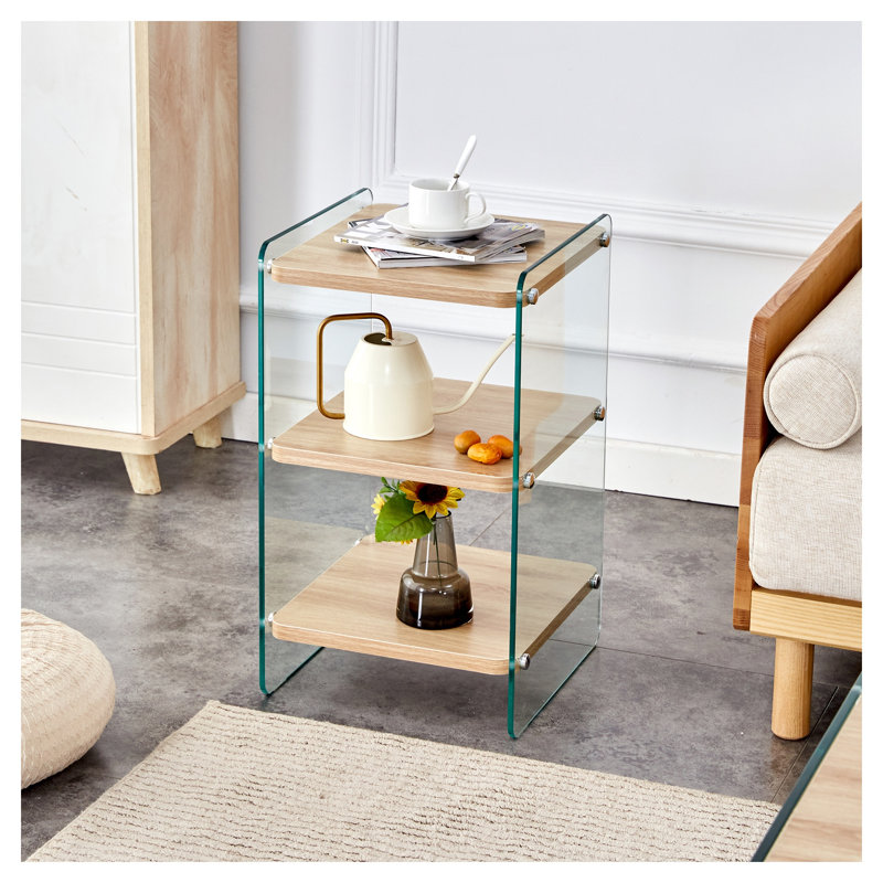 Table d'appoint moderne à trois niveaux en verre et bois - Table de chevet contemporaine avec rangement ouvert