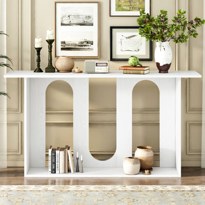 Table d'entrée moderne en placage de frêne avec tablette inférieure et courbe lisse - rangement fonctionnel, texture naturelle, console contemporaine à assemblage simple pour l'esthétique du couloir, finition pratique pliée à l'eau