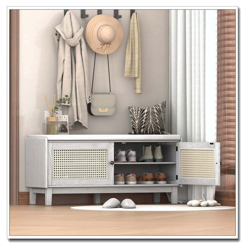 Banc d'entrée avec rangement, banc à chaussures rembourré avec portes doubles, Beige / gris délavé