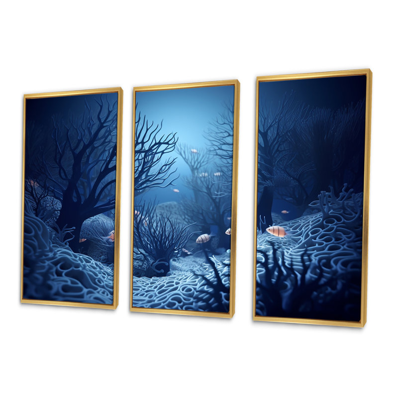 «Blue and Black Underwater World - Coastal Coral Under Water», ensemble d'art sur toile, Cadre flottant doré