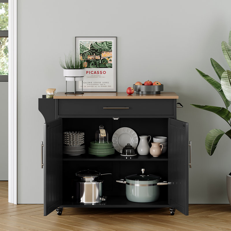 Premont Rolling Kitchen Island with Solid Wood Top, Black