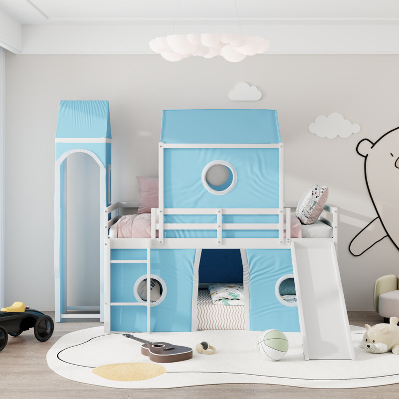 Loft Bed with Slide, Tent and Tower, Twin, Blue