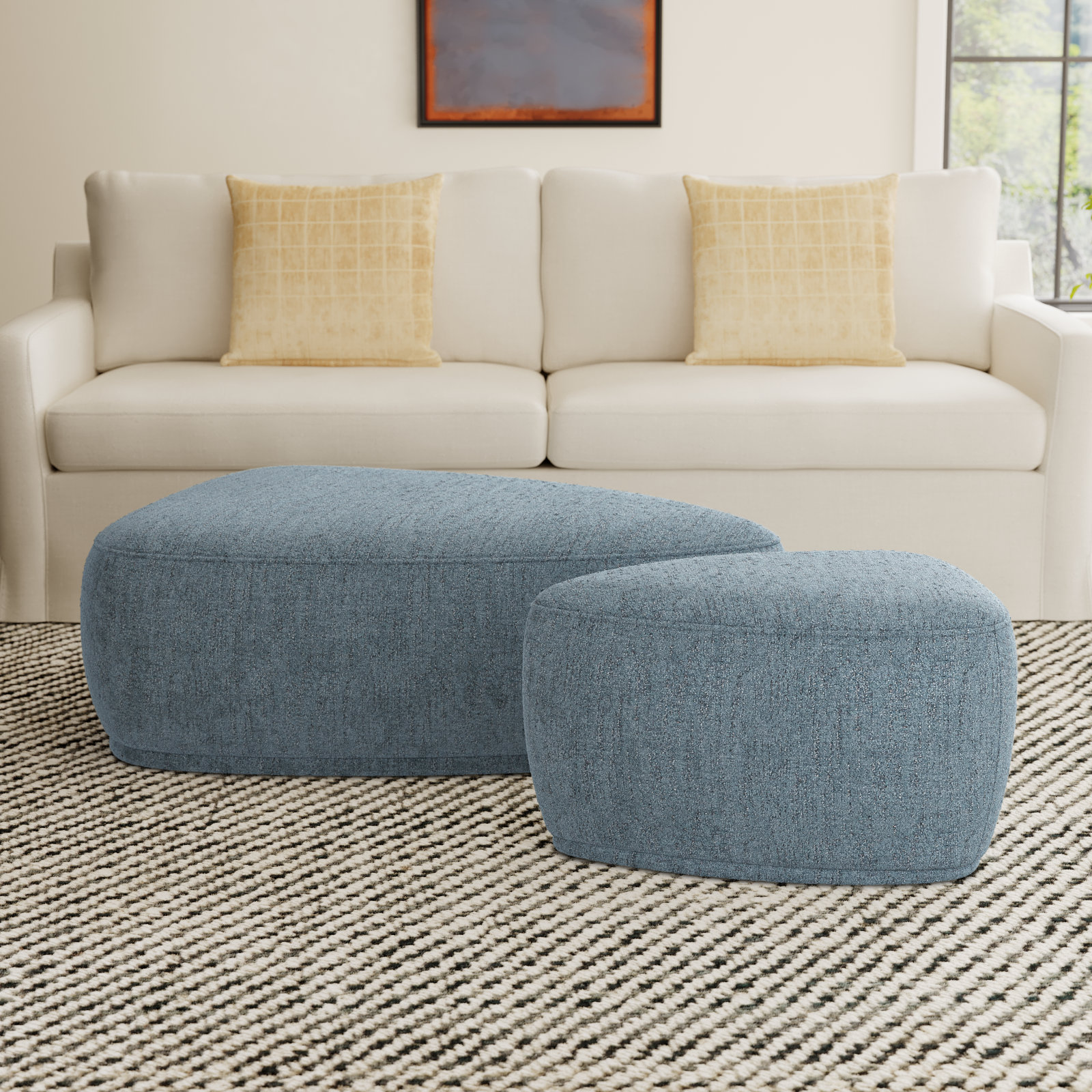 Adna 44" Ottoman Set, Mellow Steel Blue Boucle