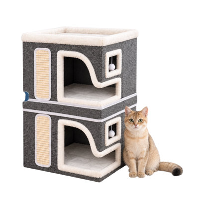 Maison pour chats à deux étages pour chats d'intérieur / Lit superposé à deux niveaux avec griffoirs, balle à jouer suspendue et perchoir balcon / Gris / Idéal pour plusieurs chats et chatons