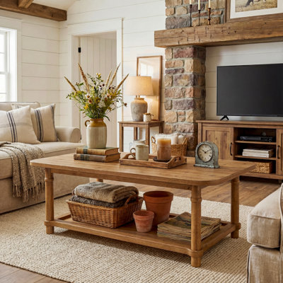 47" Solid Wood Coffee Table, Modern Farmhous Center Table with 2-Tier Storage