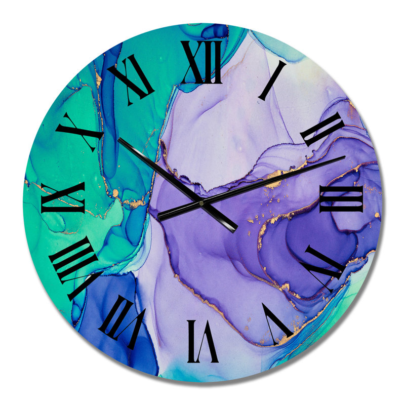 Turquoise And Purple Luxury Abstract Fluid Art IV - Modern Wall Clock, Medium