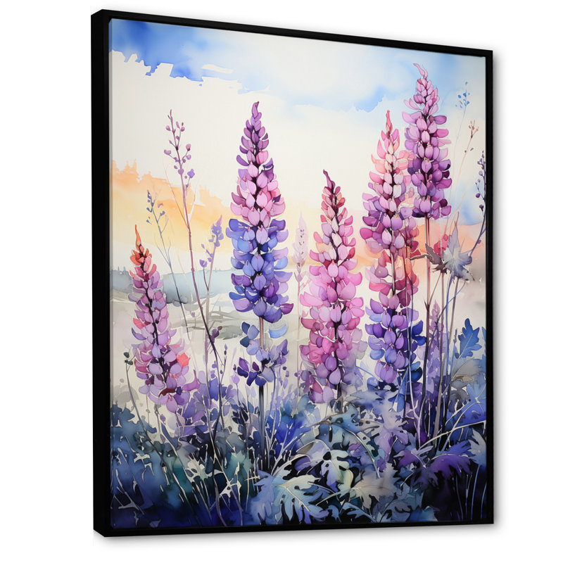 Sérénade lupin sauvage Meadow - décoration murale florale et botanique, Cadre flottant noir, H 32 po x l 16 po x P 1 po