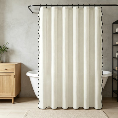 Linen Scalloped Shower Curtain with Black Trim and Metal Hooks, Boho Farmhouse Bathroom Curtain, Thick Heavy Duty Washable Waterproof Cloth Shower Curtain