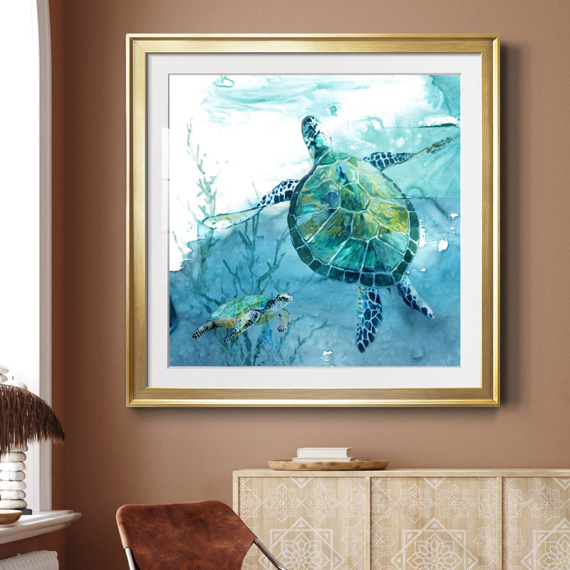 Tortue de mer Delray II - peinture encadrée, Encadrement doré, H 30,5 po x l 30,5 po x P 1,5 po