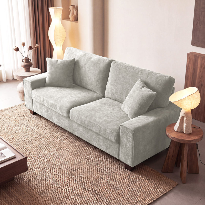 Karlita 3-Seater 89'' Modern Upholstered Sofa with Square Armrests and 2 Throw Pillows, Beige