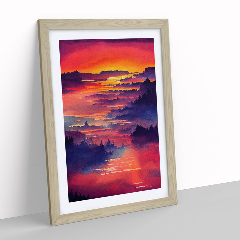 Sunset over Mountains - Wall Art, White, 46cm H x 34cm W x 2cm D, Brown Framed