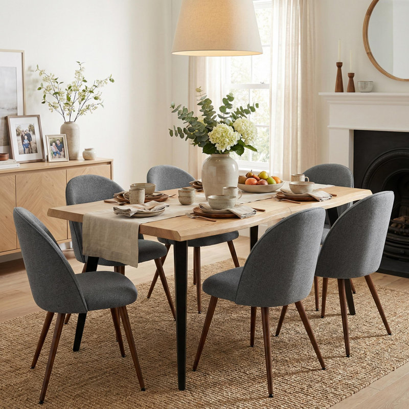 Ensemble de salle à manger moderne 7 pièces avec table en bois à bords ondulés 63 "pour 6 à 8 personnes, Brun, Gris