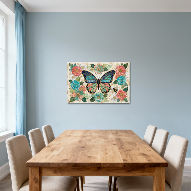 Animaux, papillon, fleurs, abeilles, motif artistique, H 32 po x l 48 po