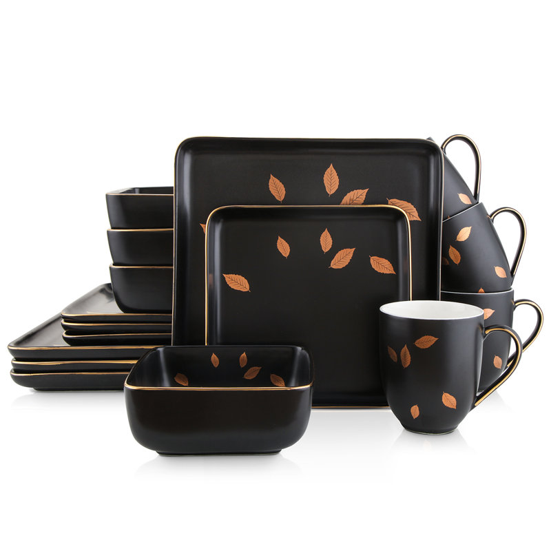 Stone Lain Jasper 16-Piece Dinnerware Set Porcelain, Brass
