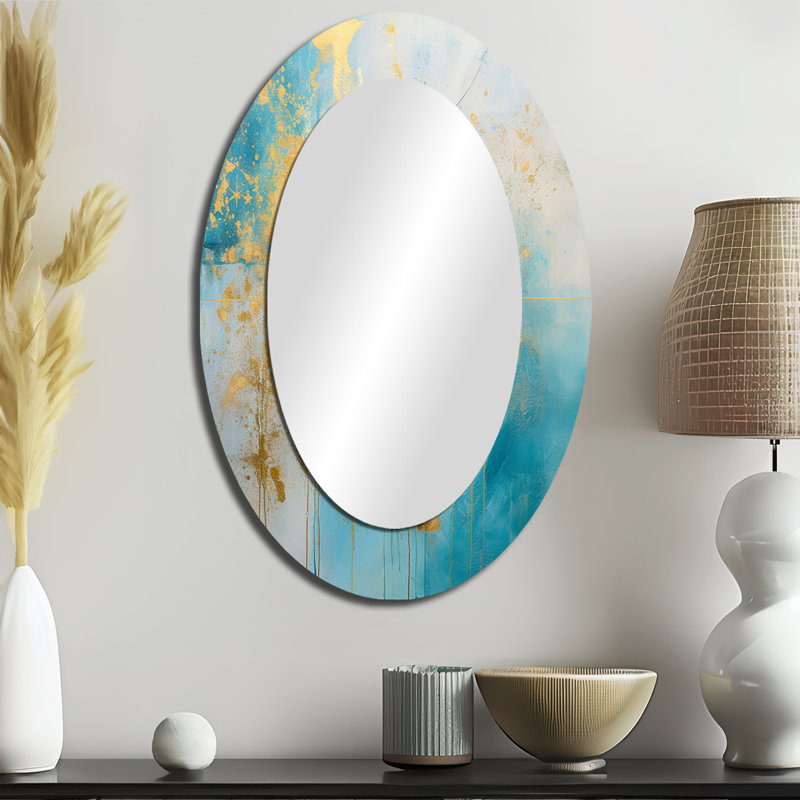 Divine mandala délicat or délicat turquoise V - décor de miroir mural ovale doré, 36 po x 24 po
