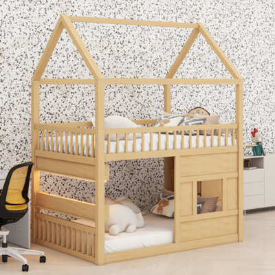 Playhouse Style Wooden Bed Frame with LED Shelf Light for Kids