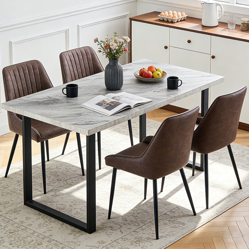 Modern 150cm Rectangular Sturdy Dining Table with 3.6cm Tabletop and 6cm Thick Pedestal, Silver Marble