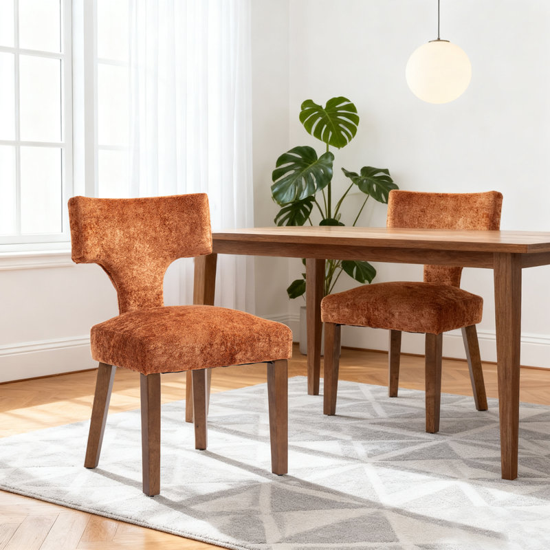 Ensemble de 2 chaises de salle à manger de style Mid-Century rembourrées en tissu chenille, Orange