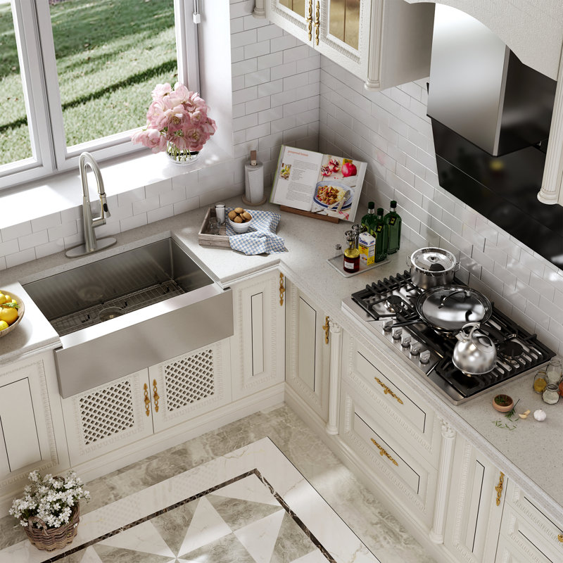 33" L x 22" W Farmhouse Kitchen Sink with Faucet, Stainless Steel Grid, Brushed Nickel