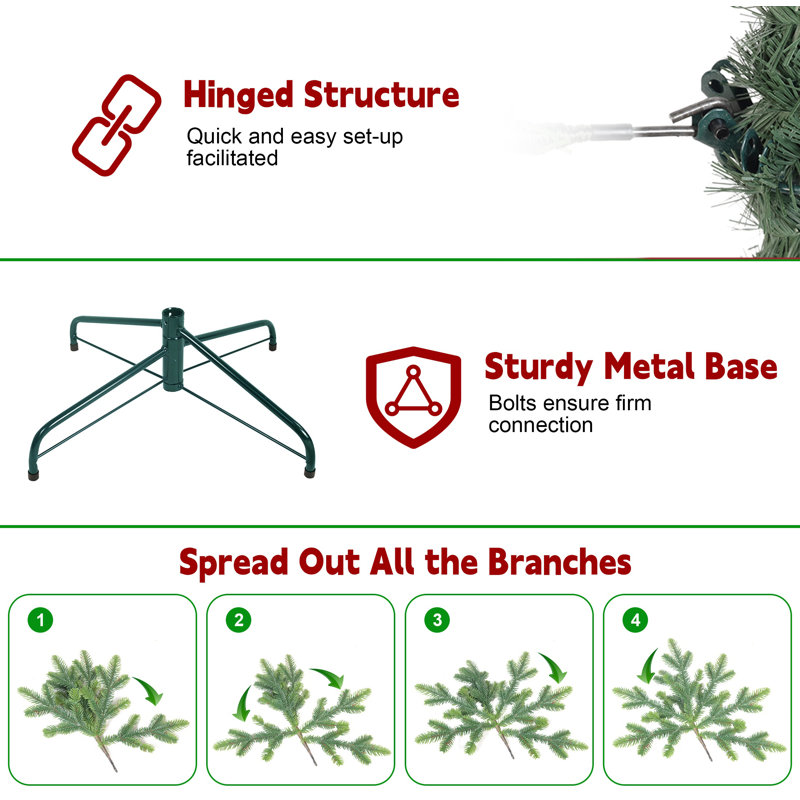 Arbre de Noël vert avec 200 lumières DEL blanc chaud et arbre en PVC mince avec 469 pointes, conception compacte, support en métal stable, facile à assembler