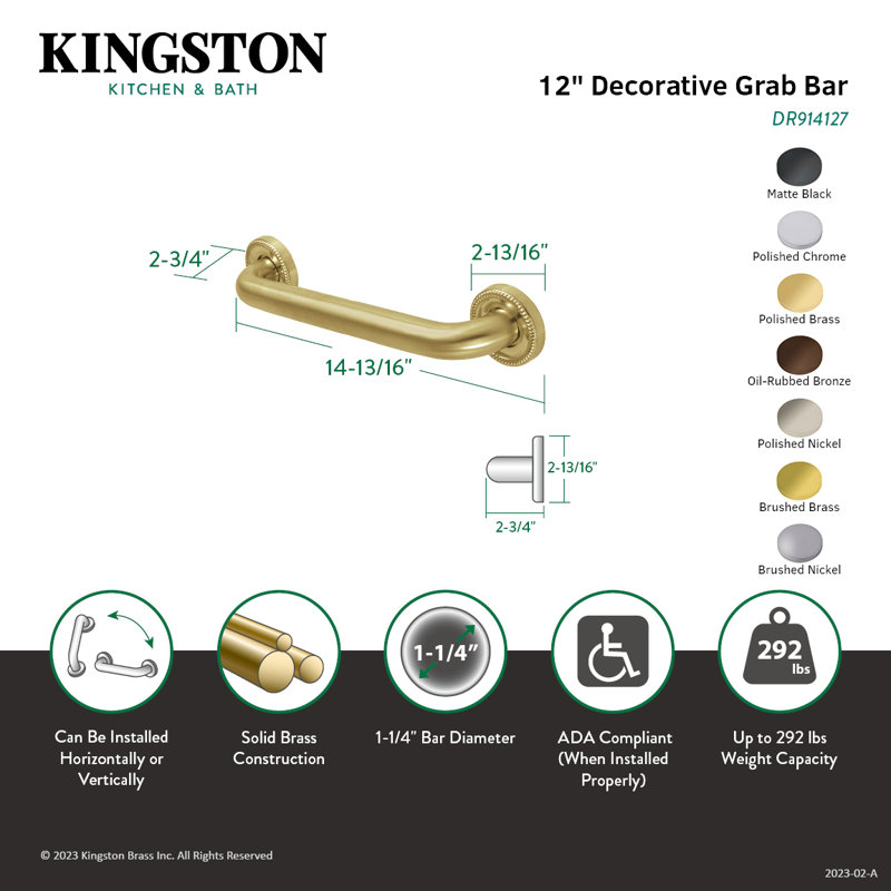 Barre d'appui de 1-1 / 4 po Kingston Brass Camelon, l 12 po, Laiton poli