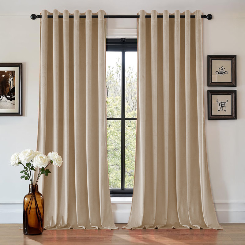 Aspire Homeware 100% Velvet Eyelet Room Darkening Curtains Pair for Soft and Elegant Window Look, Beige