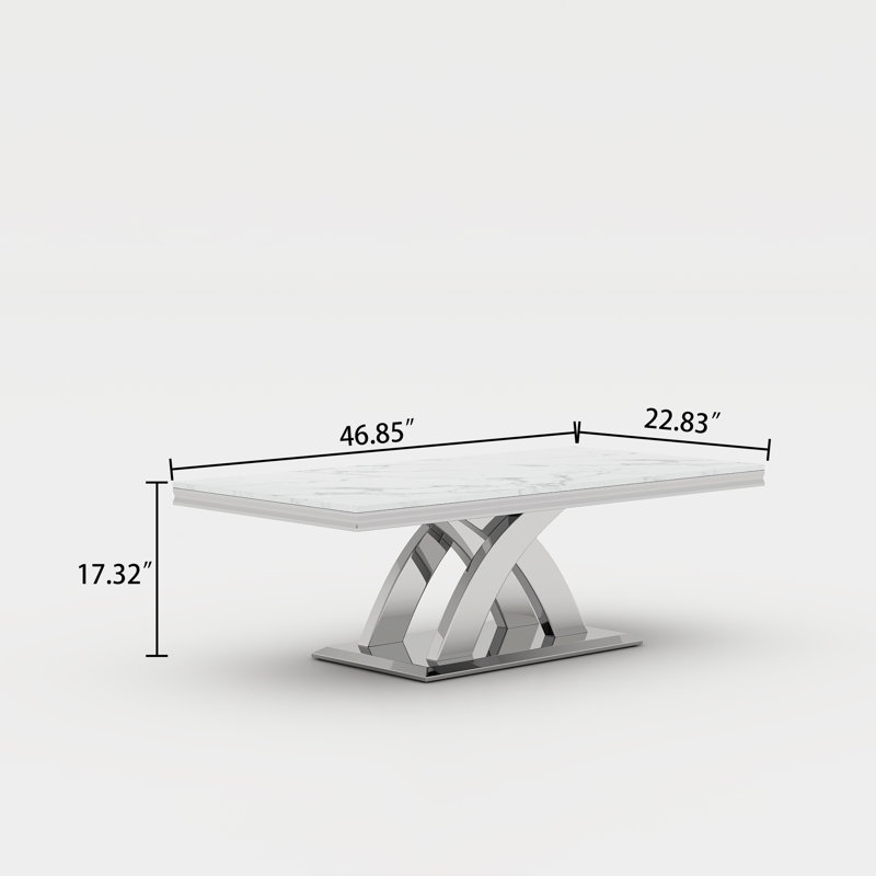 Table basse de luxe 46,85 po avec pieds en forme de X, Argent argent