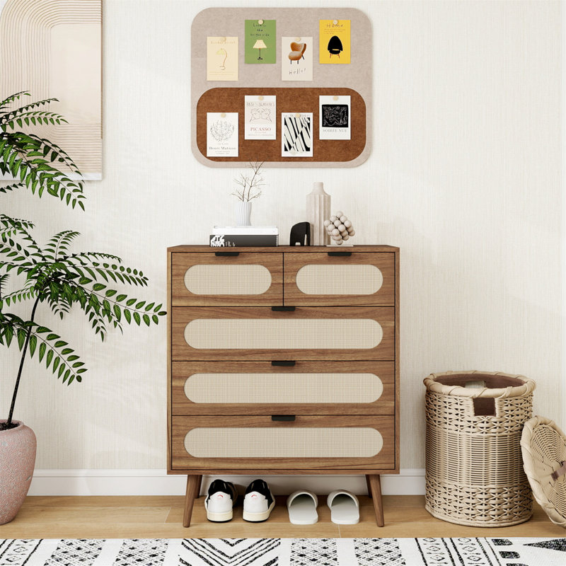 Armoire de rangement décorative avec 5 tiroirs pour la chambre à coucher du salon, Noyer