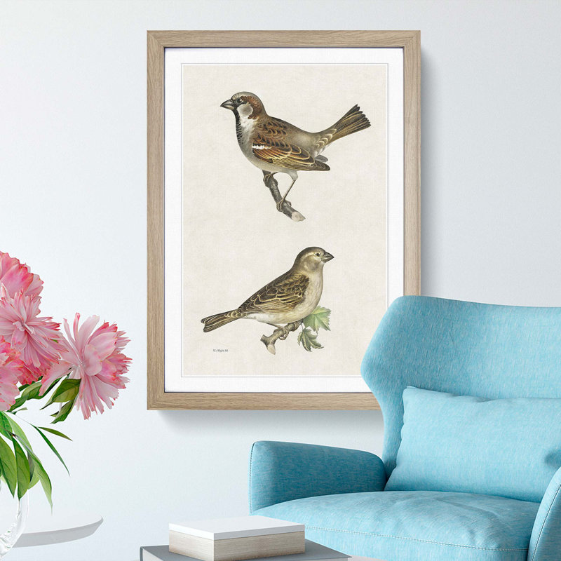 Chiffchaff & Sparrow by Von Wright - Picture Frame Painting Print, 36cm H x 27cm W x 2cm D, Oak Framed