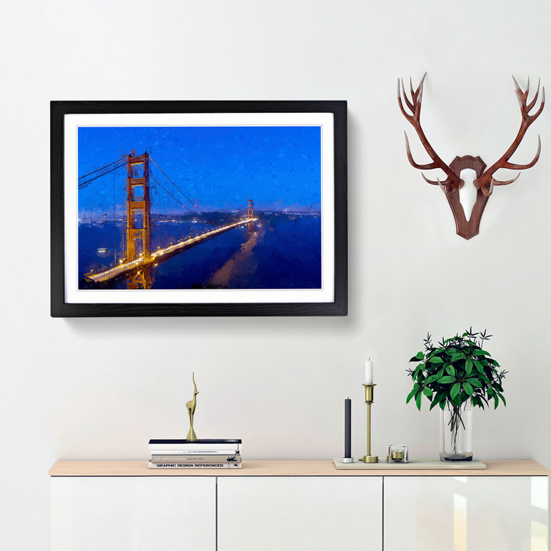 Golden Gate Suspension Bridge in Abstract - Picture Frame Graphic Art Print, 27cm H x 36cm W x 2cm D, Black Framed