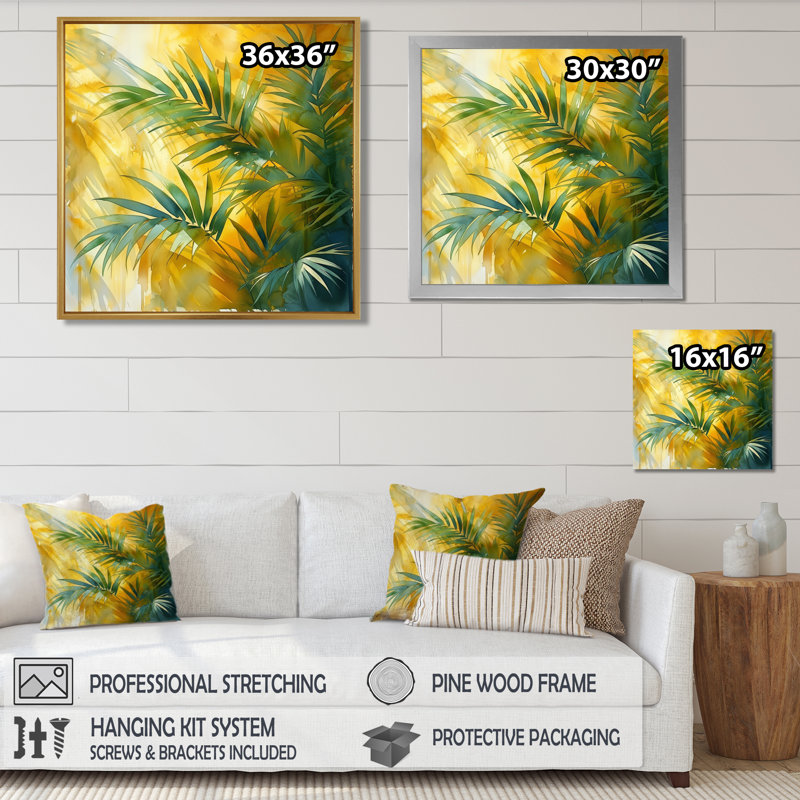 Jaune jaune vert palmiers Frond Dance II - palmiers et palmiers, art mural salon, Cadre simple noir, H 36 po x l 36 po