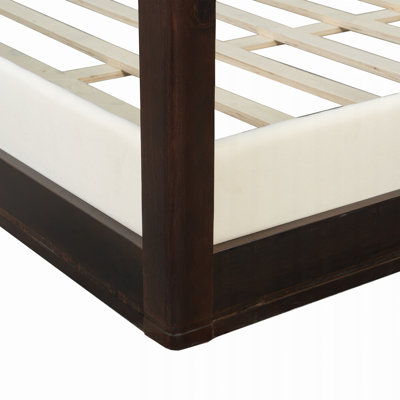 Lit plateforme à baldaquin en bois avec tête de lit tapissier et base à lattes
