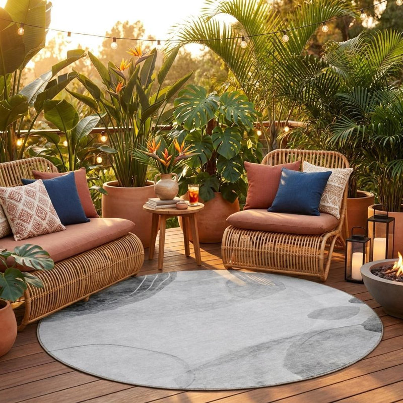 Tapis extérieur rond lavable et antidérapant rond 8 pi gris et gris clair
