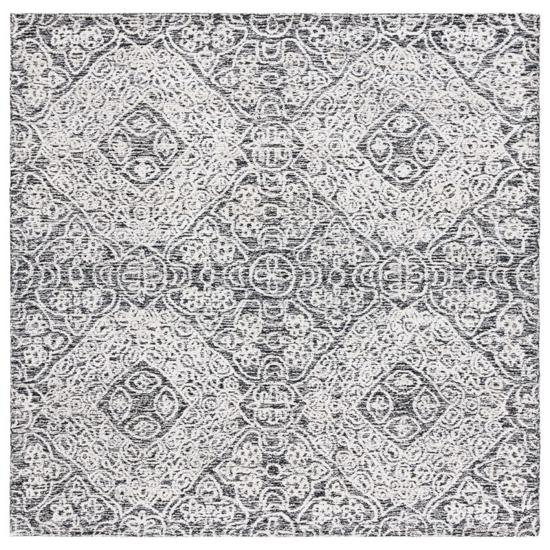 Bathsheba Hand Tufted Wool/Bamboo Silk/Cotton Geometric Rug in Ivory/Black, Square 6'