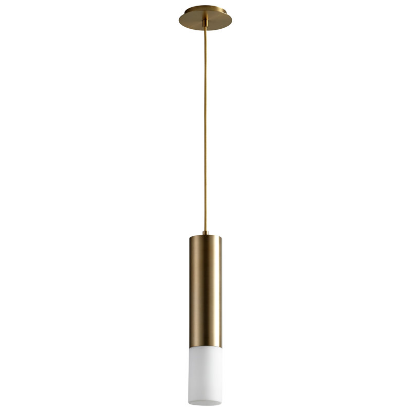 Luminaire suspendu cylindrique à 1 lumière DEL Gathard, Laiton vieilli, Opale mat, H 18 po x l 3,5 po x P 3,5 po