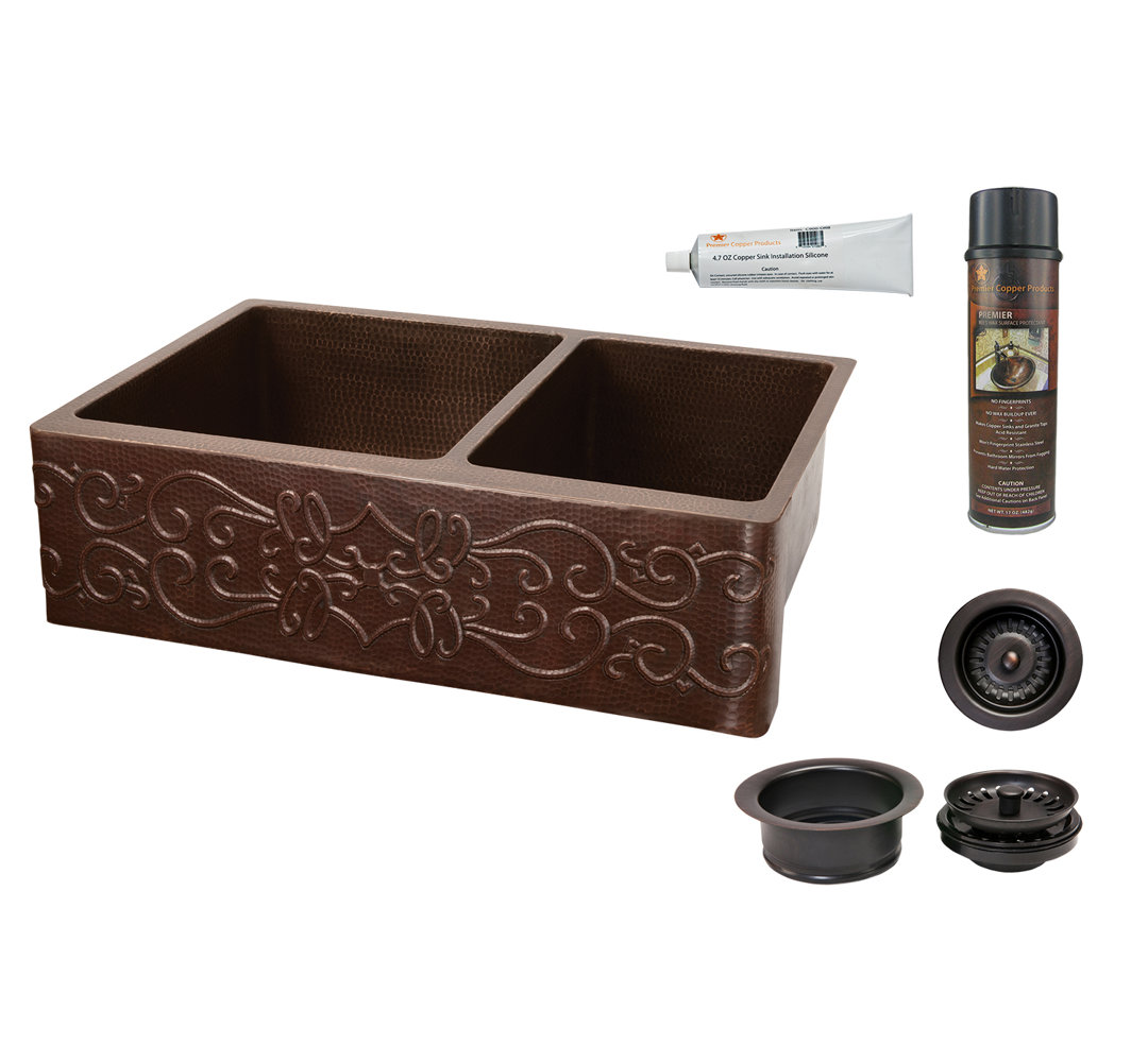 33" Hammered Copper Kitchen Apron 60/40 Double Basin Sink w/ Scroll Design with Matching Drains, and Accessories Premier Copper Products