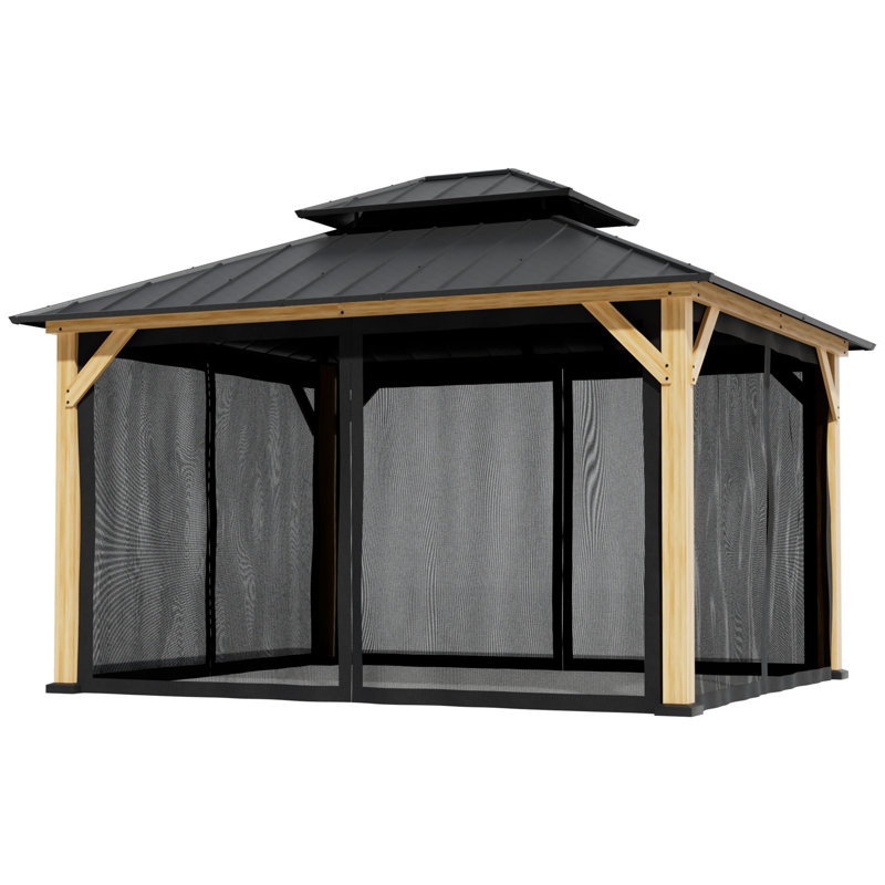 Pavillon de jardin permanent en métal L 11 pi. X P 11 pi. D Pavillon de jardin à toit double avec toit en acier galvanisé, pergola extérieure en bois massif avec filet en maille pour terrasse et cour