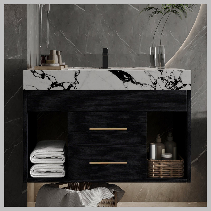 Ensemble de meuble-lavabo mural flottant 29,9 po, Noir, Blanc/Noir
