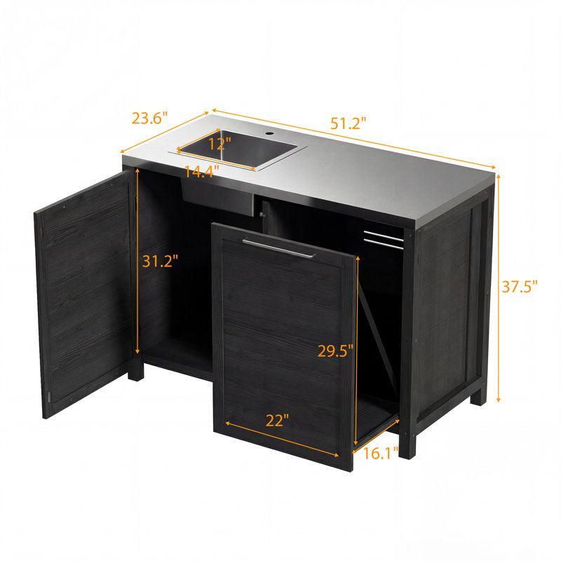 Îlot de cuisine d'extérieur 51,2 po avec 2 portes et 1 évier, Noir gris