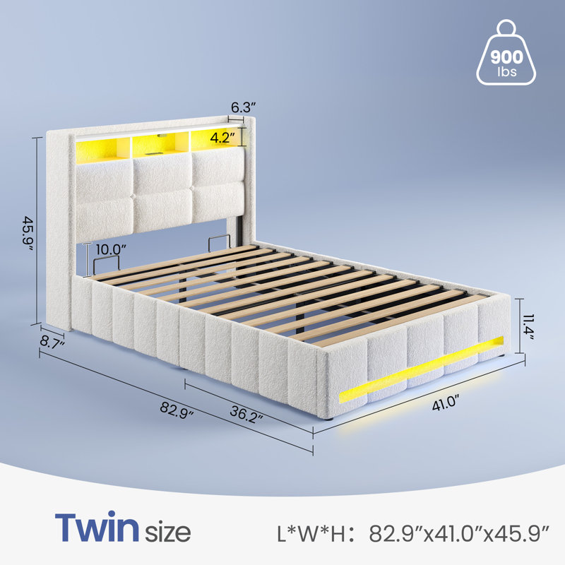 Lit tapissier avec rangement Jilissa, Simple / 1 place, Blanc cassé
