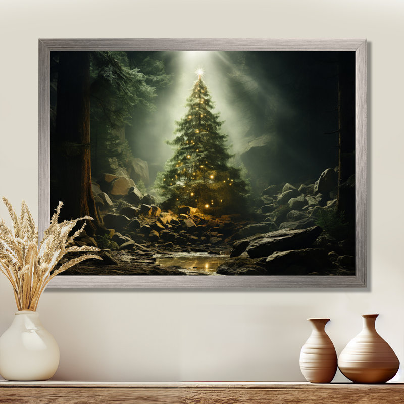 Arbre de Noël vert magique - décoration murale paysage d'hiver, Cadre flottant brun, H 12 po x l 20 po x P 1 po