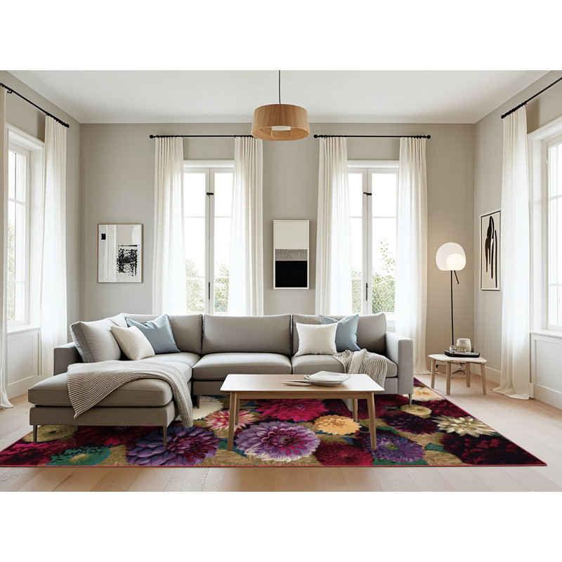 Tapis rouge botanique lavable à la machine, Rectangle 6 pi x 9 pi
