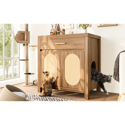 Multi - Purpose Cat Litter Box Enclosure, Wooden House Cabinet, , Storage Drawer For Trash Bags, Scratch Pads, Expandable Suite, Sealing Strip Washroom Table, , Two Room Expandable,