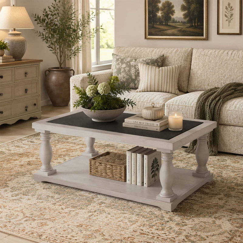 Table basse Farmhouse avec pieds fuselés, table basse en bois à 2 niveaux pour la décoration du salon, Brun