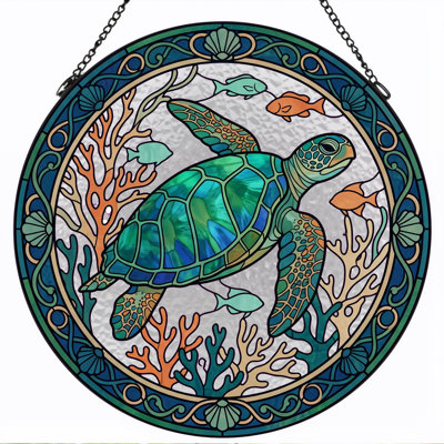 Sea Turtle Stained Glass Window Panel，12"H