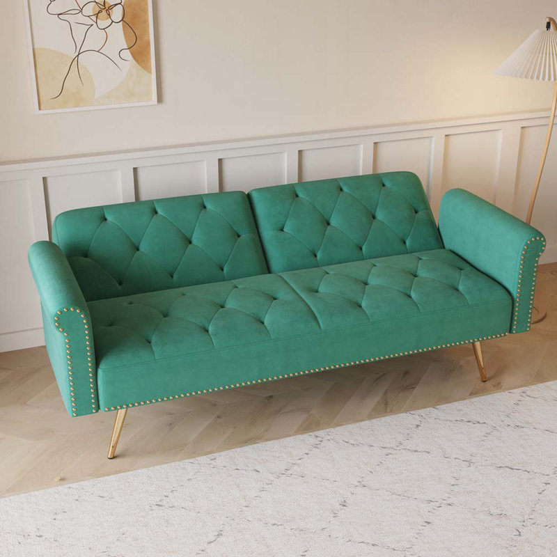Velvet Fabric Adjustable Sofa Bed, Green