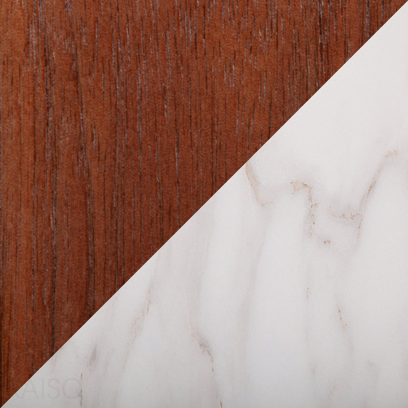 Table en bois de noyer et marbre texturé blanc, Brun / Blanc